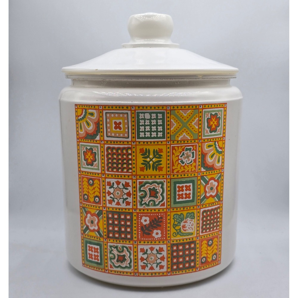 Vintage Avon Ceramic Retro Patchwork Cookie Jar Cannister Large White 70s MCM